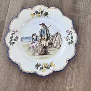 RARE Antique French Henriot Quimper Faience Plate Hand‎ Painted 10” - Fisherman